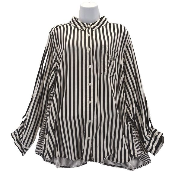 Jane + Delancey Womens 1X Large Button Long Sleeve Roll Tab Stripe Blouse Black - Picture 1 of 11
